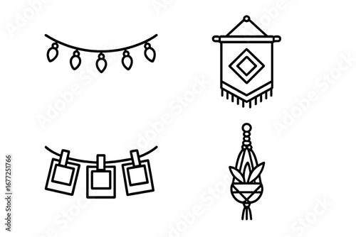 Cozy room decoration outline icon set. Minimalist vector illustrations for interior design. Fairy lights, boho wall tapestry, photo garland, and macrame plant hanger.