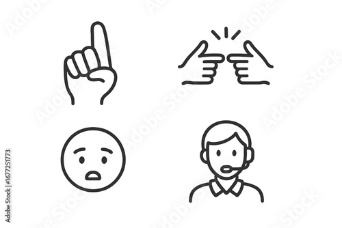 Sign Language Icon Set, Outline Vector Illustration of ASL Handshape, BSL Gesture, Facial Expression, Interpreter with Headset, Communication and Deaf Culture Symbols