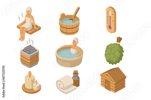 Sauna and spa icons set in isometric style. Wellness and bathhouse relaxation elements. Vector illustration of banya, steam room, woman, hot stones, thermometer, oil, candles.