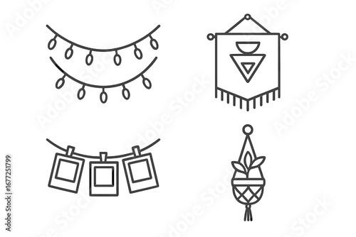 Room decor outline icon set. Cozy home decoration elements. Fairy lights, wall tapestry, polaroid photos, macrame plant hanger. Boho hygge lifestyle vector linear icons.