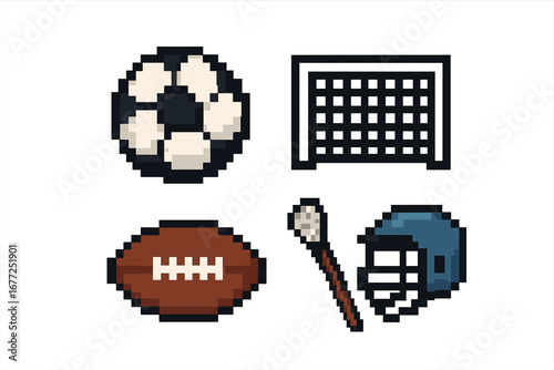 Pixel Art Team Field Sports Icon Set with Soccer Ball, Goal Post, Rugby Ball, Field Hockey Stick, Lacrosse Helmet, Vintage Style Vector Illustration on Transparent Background