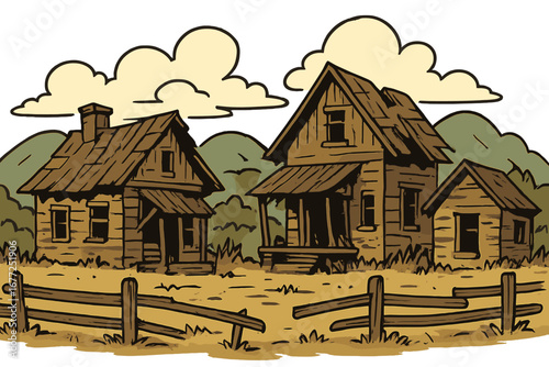 Run-down houses in a rural landscape. Abandoned village with old wooden shacks and cabins. Spooky ghost town scenery with hills and fence. Vector cartoon illustration.