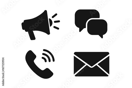 Communication icon set for teamwork and business. Solid glyph vector icons. Megaphone for marketing, chat bubble for dialogue, phone call for support, and email message concept.