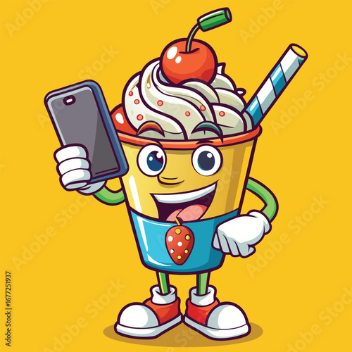 ice cream sundae character holds a phone to snap a selfie
