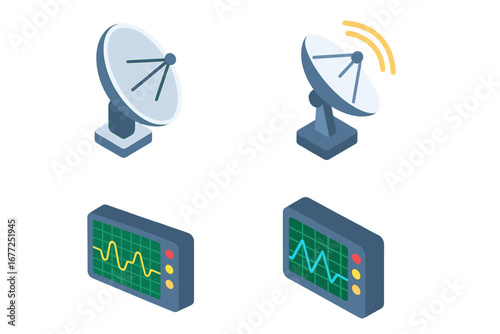 Isometric icon set of SETI and technosignature search. Radio telescope dish, signal waveform display. Vector illustration for astronomy, science, alien communication concept.