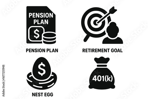 Retirement savings solid icon set. Pension plan, 401k, financial goal, and nest egg vector glyphs. Finance, investment, and wealth planning symbols for future security.