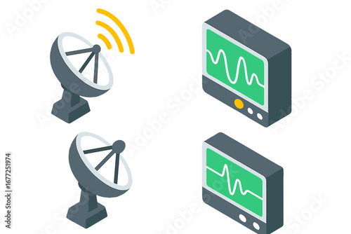 SETI isometric icon set. Search for extraterrestrial intelligence. Radio telescope dish, antenna signal, and waveform display for technosignature analysis vector illustration.