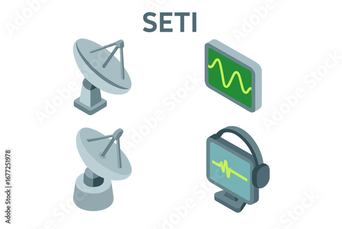 SETI isometric icon set. Search for extraterrestrial intelligence. Radio telescope dish, signal waveform, technosignature discovery. Vector astronomy communication concept.