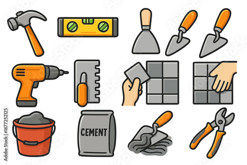 Construction and tiling tool icon set. Tiler equipment for home improvement, renovation, and repair. Vector cartoon icons for laying tiles, masonry, and DIY projects.