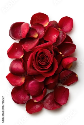 Red rose blooming surrounded by petals on white background