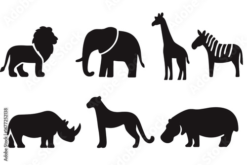 Safari animals icon set. Solid black vector silhouettes of African wildlife: lion, elephant, giraffe, zebra, rhino, cheetah, hippo. Isolated wild animal collection symbol.