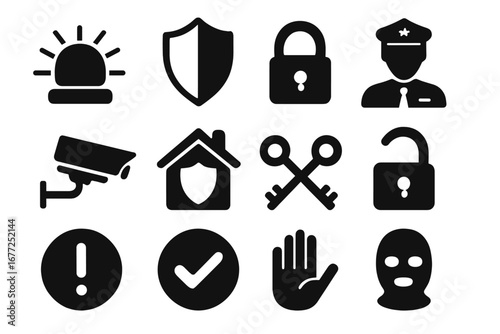 Security solid glyph icon set. Safety and protection symbols. Police, alarm, cctv, home security, lock, key, and thief vector icons. Web and mobile graphic elements.