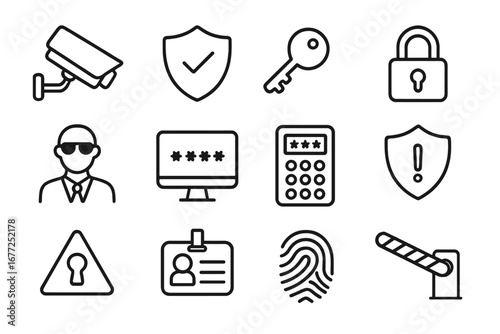 Security line icon set. Access control symbols. Protection, safety, and surveillance. Password, fingerprint, id card, cctv camera, lock, key, barrier. Cybersecurity vector.
