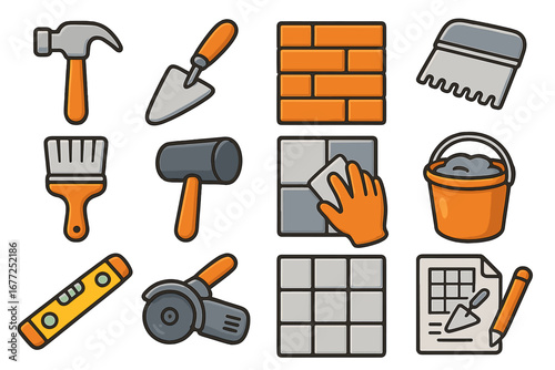 Construction tools and tiling icon set. Home improvement and renovation vector cartoon collection. Bricklayer equipment for DIY repair work. Hammer, trowel, level, bricks.