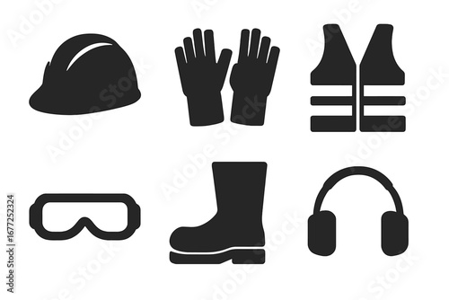 Safety equipment icon set. Personal protective equipment (PPE) for construction and industry. Vector silhouette collection of hard hat, gloves, vest, goggles, boot, ear muffs.