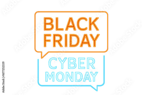 Realistic isolated vector neon sign featuring Black Friday and Cyber Monday logos for template decoration and invitation design
