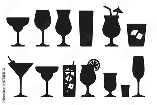 Cocktail glass silhouette vector icon set. Collection of different alcohol drink glassware shapes for bar menu. Party beverage symbols, martini, margarita, wine, shot glass.