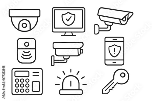 Security and surveillance line icon set. Cctv camera, video monitor, protection shield, alarm system, access keypad, key and motion sensor icons. Safety pictogram collection.