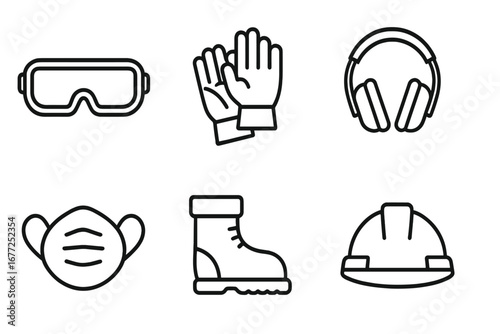 Safety gear line icon set. Personal protective equipment vector illustration. PPE for construction and industrial work. Safety goggles, work gloves, ear muffs, dust mask, boots.