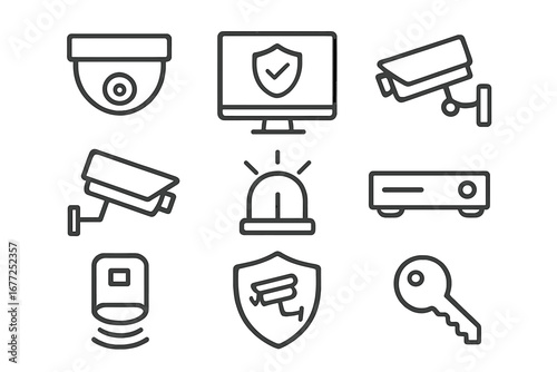 Security and surveillance line icon set. Cctv camera, video monitoring, and home alarm system icons. Protection, safety, and guard equipment symbols. Digital vector pictogram.