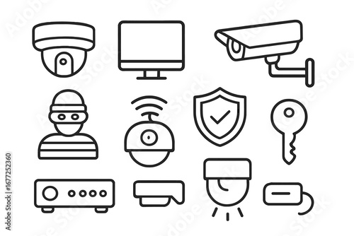 Security and surveillance line icon set. Home protection and safety system pictograms. CCTV camera, monitor, alarm, thief, and motion sensor vector outline illustrations.
