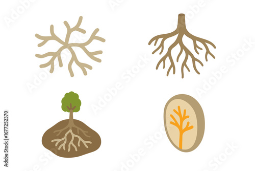 Mycorrhizal network isometric icon set. Fungal hyphae, tree root, arbuscule, and symbiotic relationship icons. Biology, ecology, and science vector illustration concept.