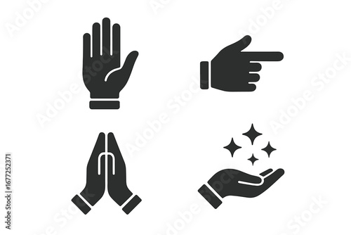 Mystical hand gestures icon set. Solid glyph symbols collection of palm open, stop, pointing finger, prayer hands, magic spell or wishing. Vector design elements illustration.