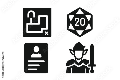 Tabletop RPG Icons, Solid Filled Vector Set of Role-Playing Game Elements Including Dungeon Map, 20-Sided Die, Character Sheet, Fantasy RPG Symbols on Transparent Background