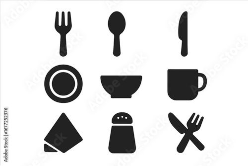 Solid Filled Tableware Icon Set with Cutlery Fork, Spoon, Knife, Plate, Bowl, Cup, Napkin, Salt Shaker, and Dining Symbols Vector Illustration on Transparent Background