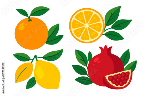 Vibrant vector flat illustration showcasing citrus fruits including orange, lemon, and a pomegranate with leafy accents in a colorful design, cartoon style with transparent background