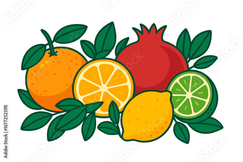 Vibrant vector flat illustration featuring citrus fruits and pomegranate with lush leafy accents in a colorful cartoon style, perfect for fresh fruit and healthy food designs