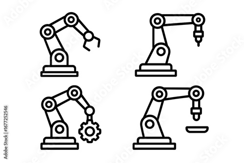 Industrial robotic arm icon set. Vector symbols for automation, technology, manufacturing, factory production, engineering, machinery, and smart industry concepts. Line art.