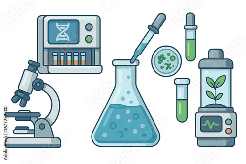 Laboratory Tools and Equipment Showcasing Cutting-Edge Biotechnology and Scientific Research Advancements, Vector Cartoon Illustration with Transparent Background, Science Lab Essentials
