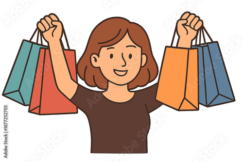 Cheerful girl carrying shopping bags in a vector cartoon, delighting in a fun shopping spree during the sale season