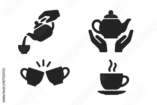 Tea Ritual Icons. Solid filled vector set of traditional tea serving rituals and tea moments with pouring gestures, hands holding teapot, clinking cups, steaming tea cup illustration