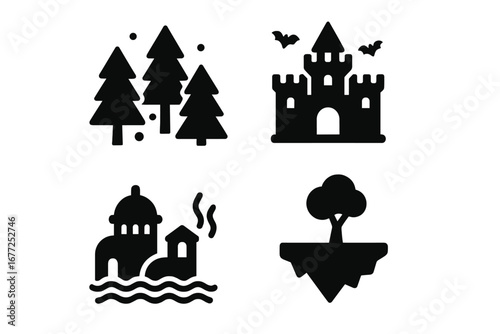 Mythical places icon set. Fantasy world locations solid glyph icons. Enchanted forest, haunted castle, underwater city, floating island. Adventure game elements vector pack.
