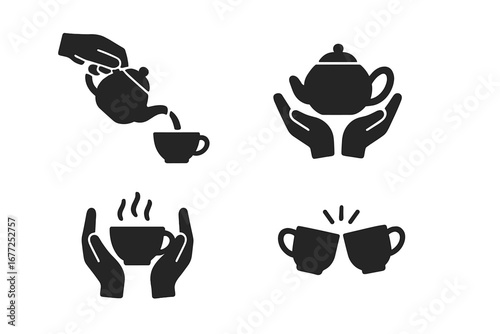 Tea Ritual Icons Solid Filled Vector Set of Tea Serving Moments and Ceremonial Gestures with Teapot Pouring, Hands Holding Cup, Two Cups Toasting Illustration on Transparent Background