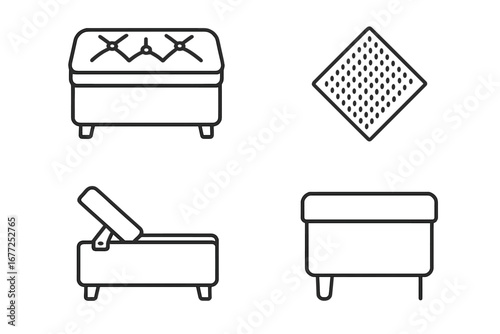 Upholstered trunk and ottoman outline icon set. Furniture vector linear pictograms. Tufted storage bench, fabric texture, pouf seating, and hinge mechanism symbols.