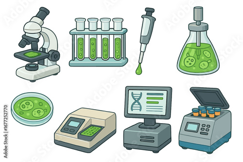 Laboratory tools and biotechnology equipment set showcasing cutting-edge scientific research and genetic analysis in a vector cartoon style with transparent background