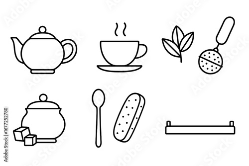 Tea Time Icons Outline Set of Tea Ritual Elements Including Teapot, Teacup with Steam, Tea Leaves, Infuser, Sugar Bowl with Cube Sugar, Teaspoon, Biscotti, and Serving Tray Vector Illustration