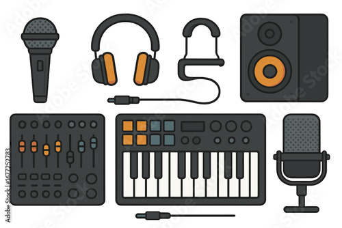 Music production equipment set. Vector flat icons. Sound recording studio elements. Microphone, headphones, speaker, audio mixer, midi keyboard. DJ gear concept isolated.