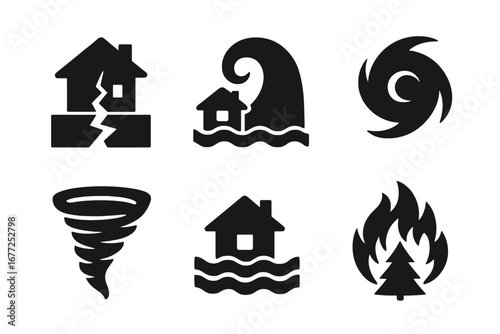 Natural disaster solid icon set. Catastrophe and emergency pictograms. Earthquake, tsunami, hurricane, tornado, flood, wildfire symbols. Extreme weather vector illustration.