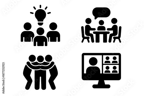Team Activity Icons Solid Filled Vector Set of Teamwork Concepts Brainstorming Group Meeting Team Huddle Project Planning Video Conference Collaboration Transparent Background