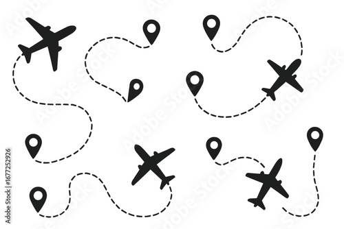 Set of airplane flight routes with location pins. Aircraft tracking with dashed line path. Travel, destination, and navigation concept. Airline journey map icon collection.