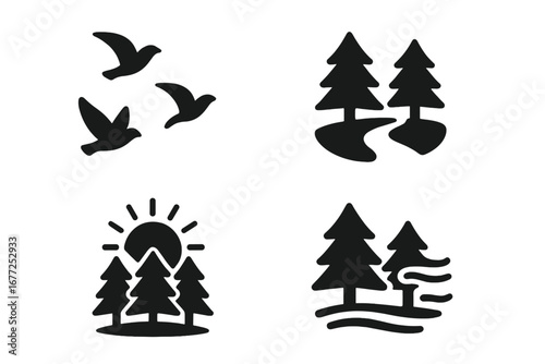 Nature awakening solid filled icons set. Vector collection of birds flying, forest clearing with path, sun rising over pine trees, and morning mist or river in the woods.