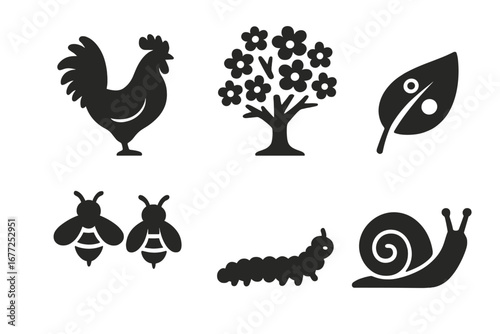 Spring nature awakening solid glyph icon set. Vector graphic collection of farm and garden symbols. Rooster, blooming tree, bees, leaf with dew, caterpillar, and snail.