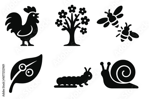 Nature awakening icon set. Springtime vector glyph collection with rooster, blooming tree, bees, dew on leaf, caterpillar, snail. Solid black farm and garden animal symbols.