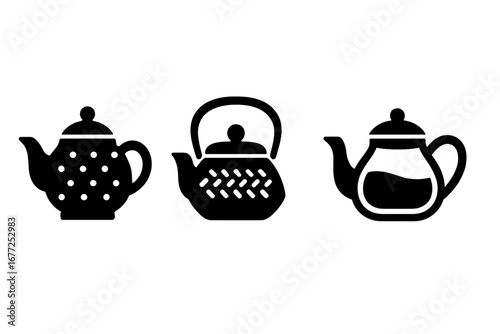 Teapot material icon set. Vector solid filled glyphs. Porcelain, cast iron, glass teapots. Kitchenware, utensil, crockery symbols. Hot drink, tea time, brewing concept.