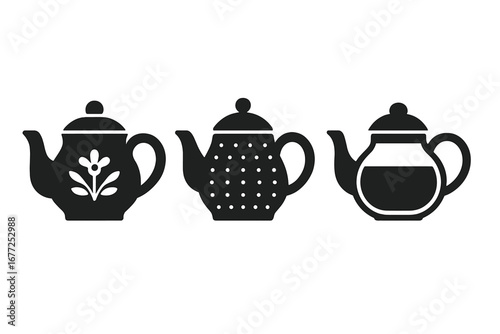 Teapot icon set vector graphic. Black silhouette collection of kettles for tea or coffee. Kitchenware illustration. Porcelain, glass, cast iron teapots with floral and dot patterns.