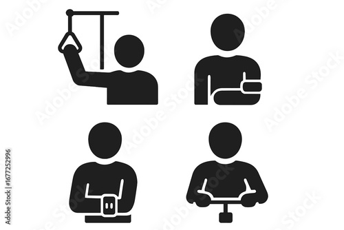 Upper body physio icon set. Solid glyph pictograms for physical therapy. Rehabilitation exercises, shoulder pulley, arm sling, elbow brace, wrist roller for injury recovery.